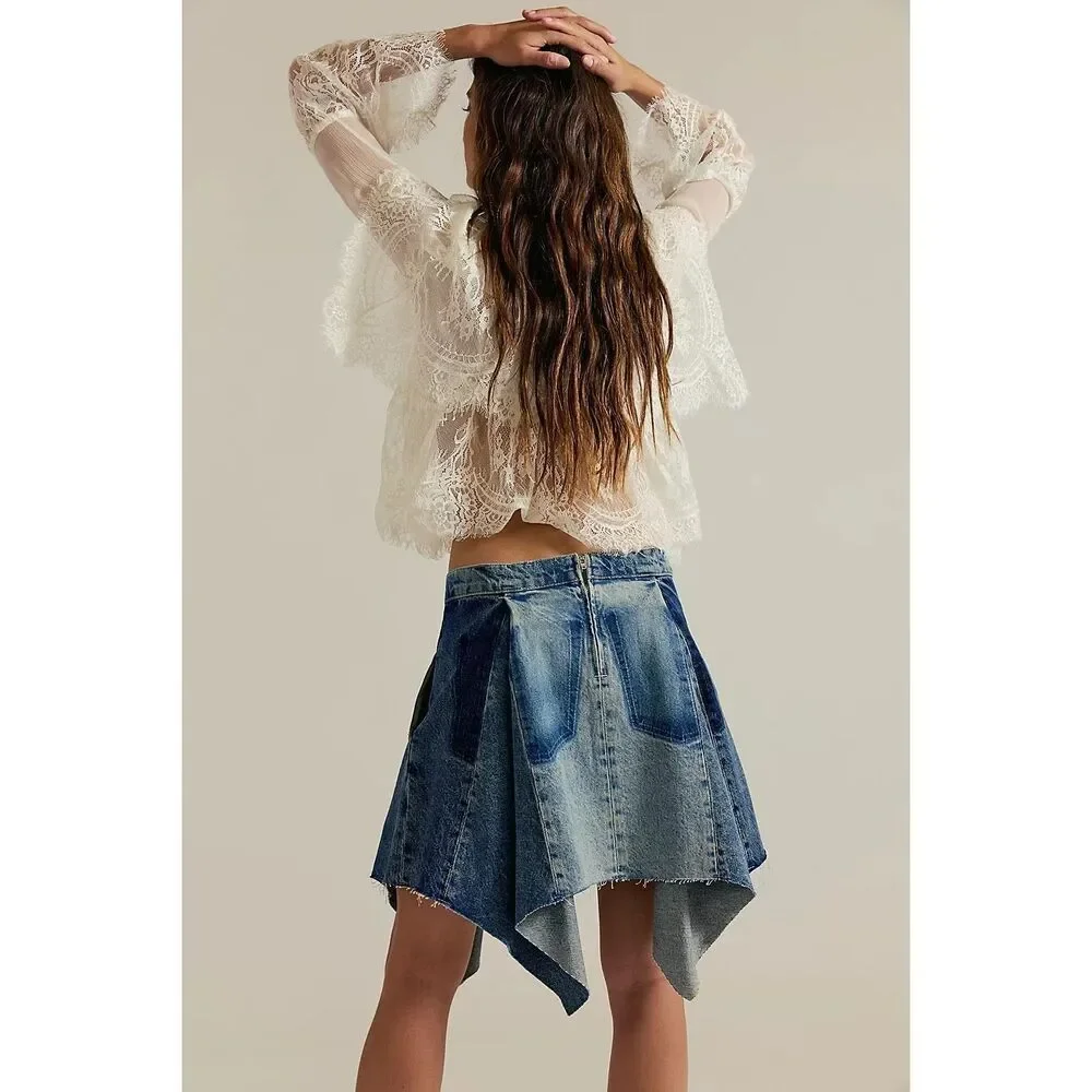 Free People - We The Free Wild River Handkerchief Skirt in Blue Denim Size 26 -S - Picture 3 of 7